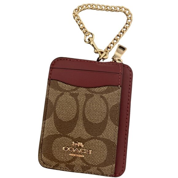 COACH Leather Zip Card Case Signature Khaki Cherry Detachable Chain NWT - Picture 11 of 11